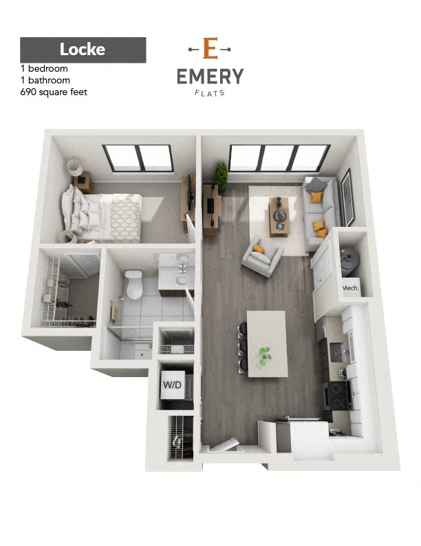 Floor plan for 1 bed, 1 bath, 690 sqft